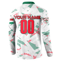 White button sweatshirt with green collar, YOUR NAME and large number 00 on back