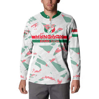 White button sweatshirt with green collar and Hungary Euro 2024 front graphic, long sleeve