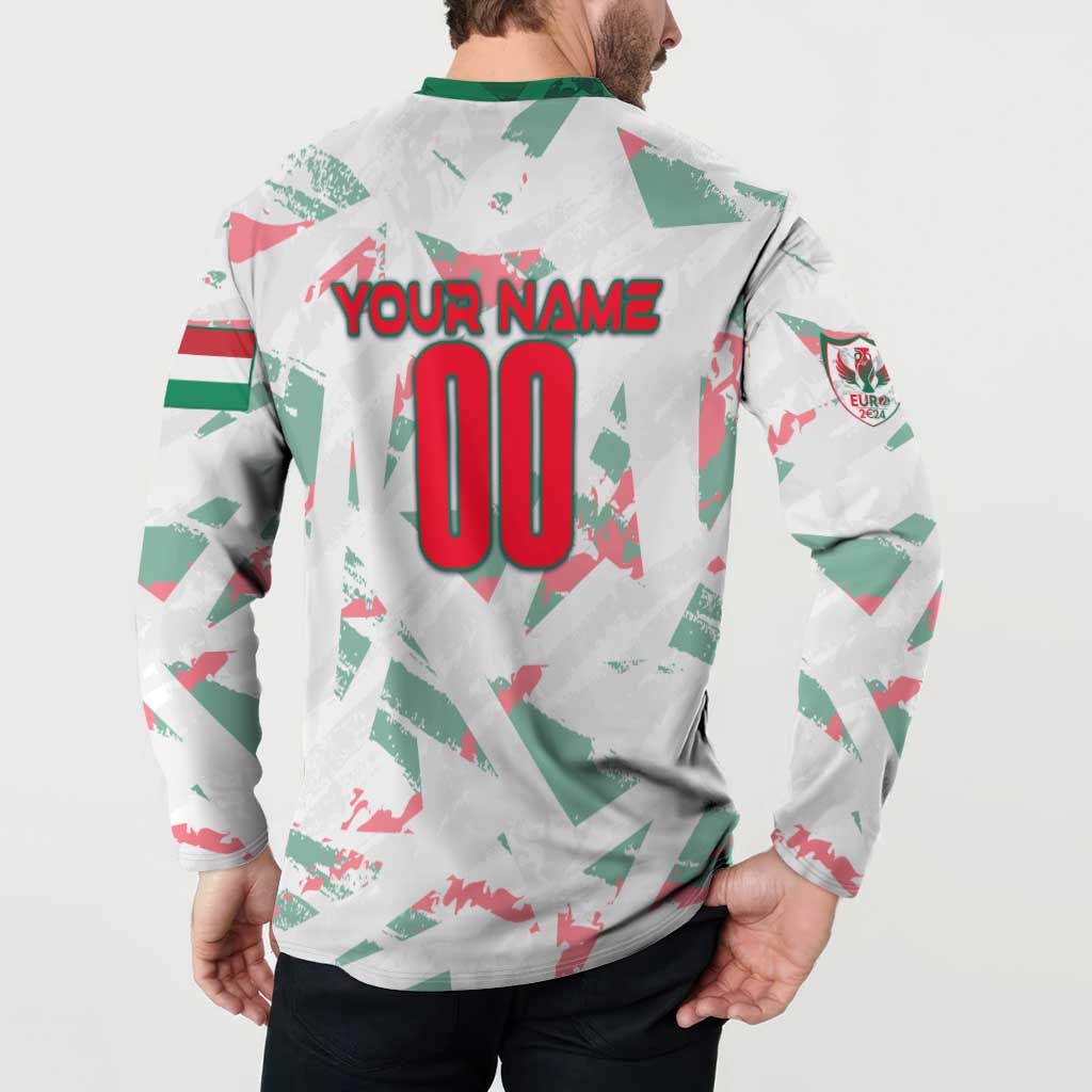 White button sweatshirt with green collar, YOUR NAME and 00 number graphic on back