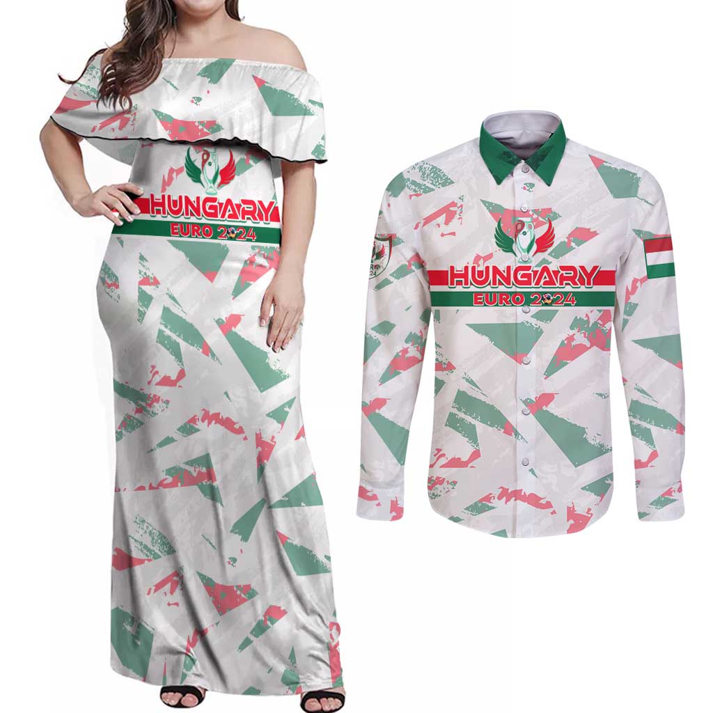 Personalized Hungary Football 2024 Couples Matching Off Shoulder Maxi Dress and Long Sleeve Button Shirt Trophy Wing Style - Wonder Print Shop