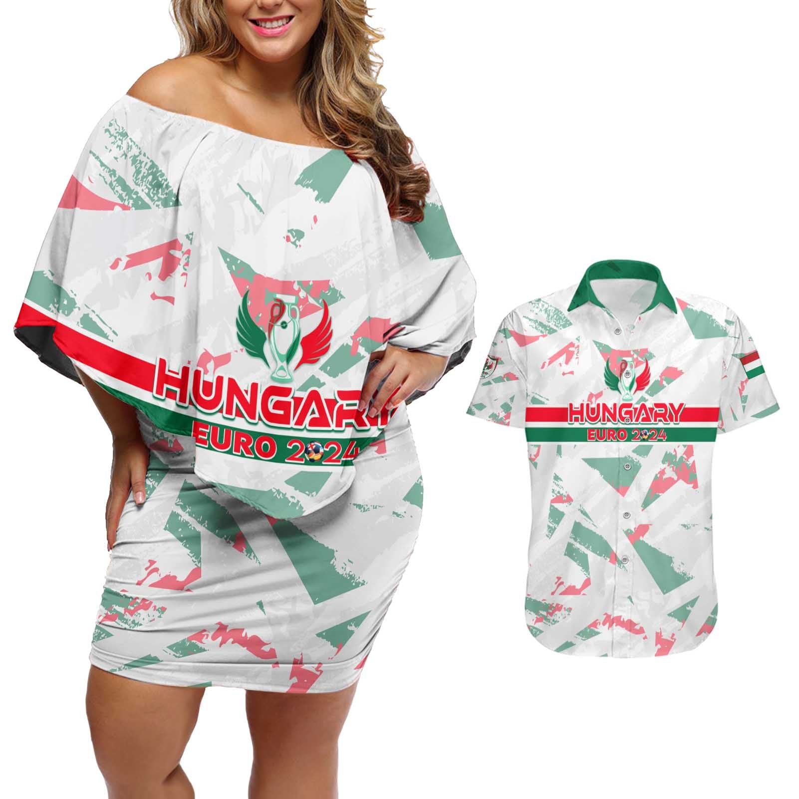 Personalized Hungary Football 2024 Couples Matching Off Shoulder Short Dress and Hawaiian Shirt Trophy Wing Style - Wonder Print Shop