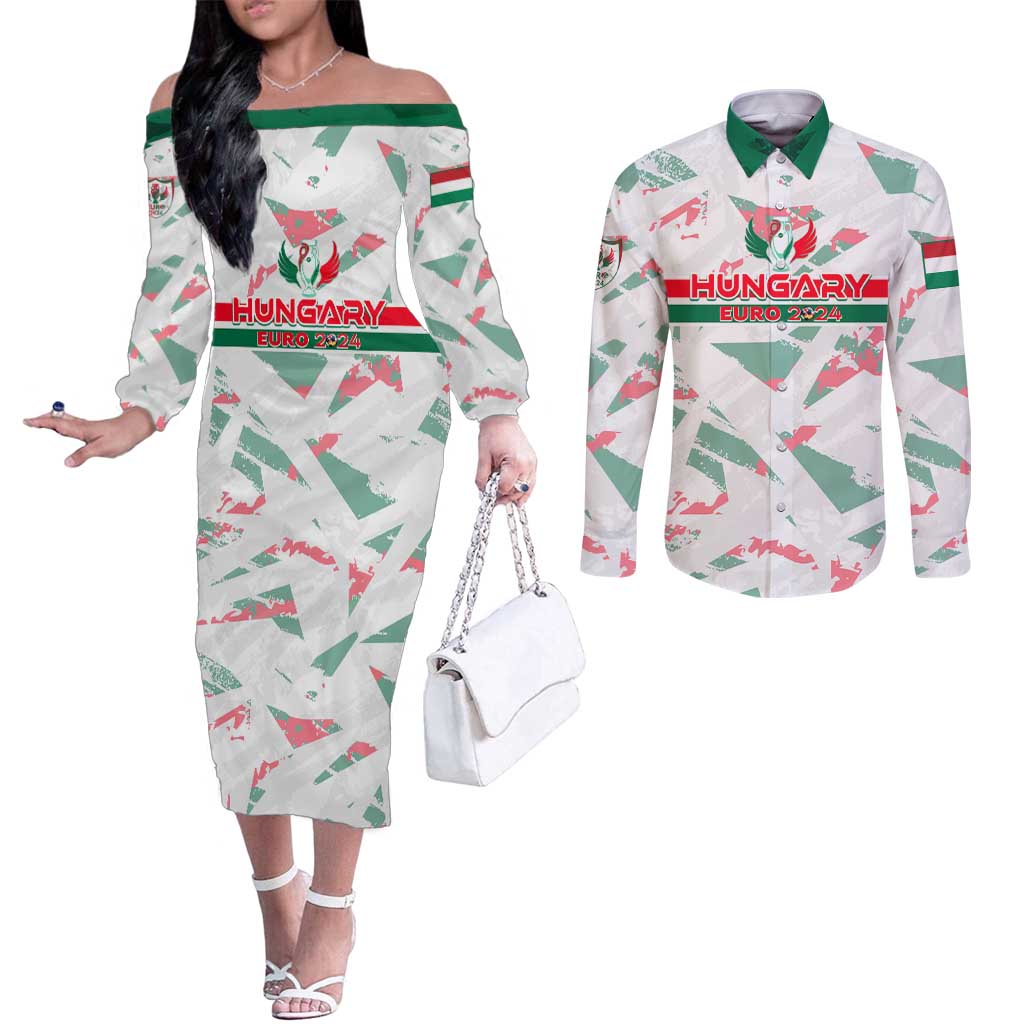 Personalized Hungary Football 2024 Couples Matching Off The Shoulder Long Sleeve Dress and Long Sleeve Button Shirt Trophy Wing Style