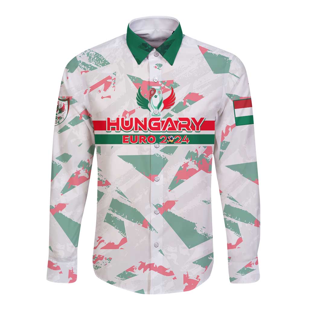 White football button-down shirt with Hungary Euro 2024 graphic and green collar