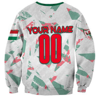 Personalized Hungary football sweatshirt, gray with green collar and “YOUR NAME 00” print