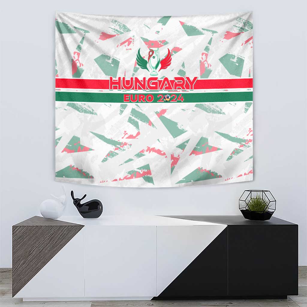 White Hungary Euro 2024 tapestry with bold red text band and green patterned rays
