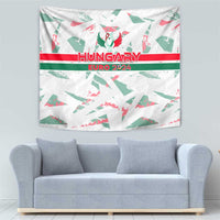 White Hungary Euro 2024 tapestry with central winged crest and red green splash graphics
