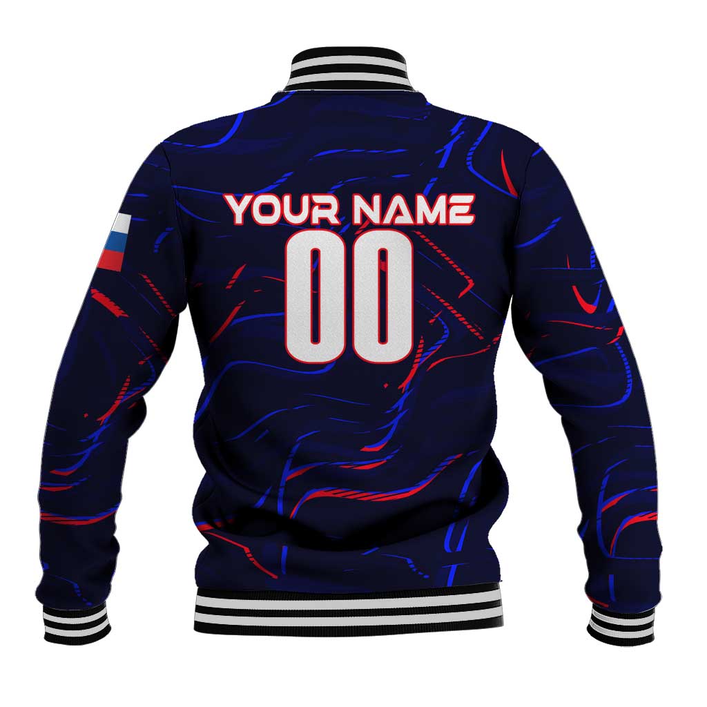 Blue baseball jacket back with YOUR NAME and large 00 number, ribbed hem and cuffs