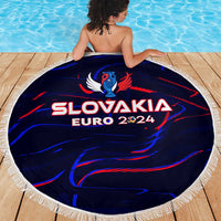 Blue round beach blanket with fringe edge and Slovakia Euro 2024 graphic
