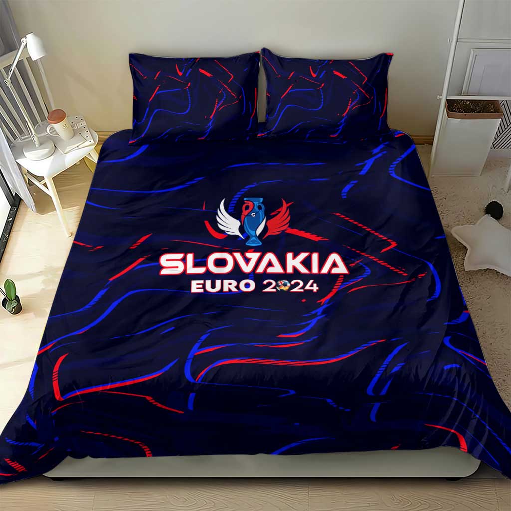 Dark blue bedding set with SLOVAKIA EURO 2024 logo, red and blue abstract waves