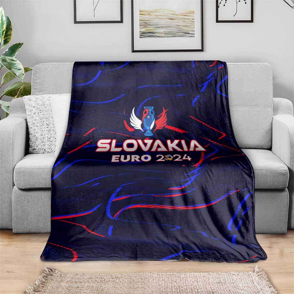 Navy Slovakia Euro 2024 wing design blanket draped on sofa, emblem and bold text