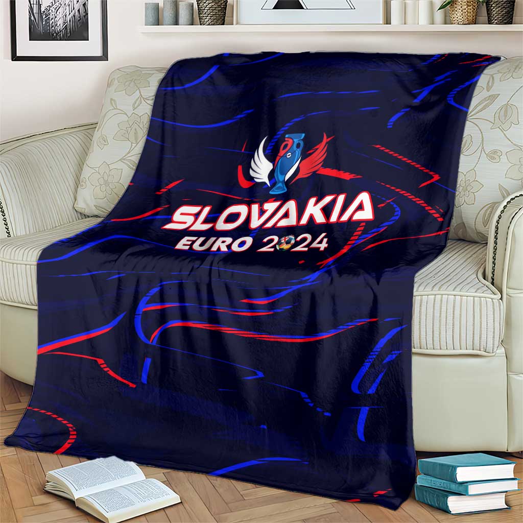 Navy Slovakia Euro 2024 wing design blanket over sofa arm, emblem and red/blue streaks
