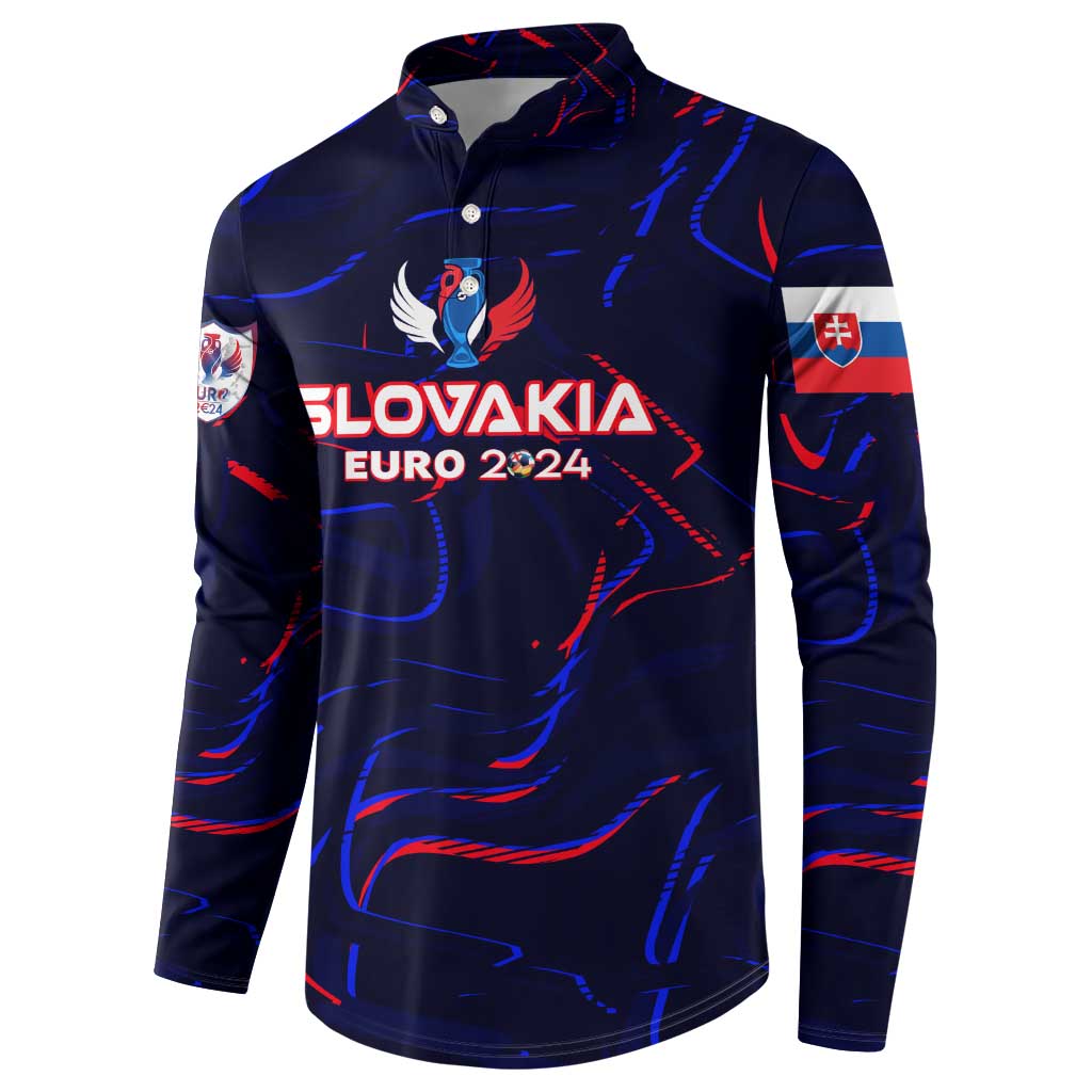 Blue button-front sweatshirt with Slovakia Euro 2024 chest graphic and sleeve flag