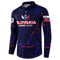 Blue button-front sweatshirt with Slovakia Euro 2024 chest graphic and sleeve flag