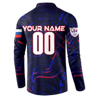 Blue button-front sweatshirt with YOUR NAME and 00 on back, sport crest badge