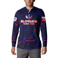 Blue button-front sweatshirt with Slovakia Euro 2024 chest graphic on model