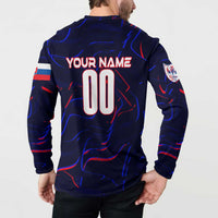 Blue button-front sweatshirt with YOUR NAME 00 on back and Euro crest badge