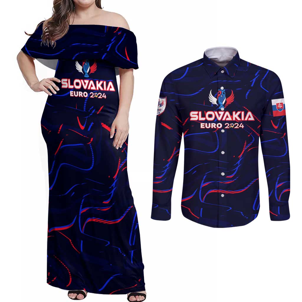 Personalized Slovakia Football 2024 Couples Matching Off Shoulder Maxi Dress and Long Sleeve Button Shirt Trophy Wing Style - Wonder Print Shop