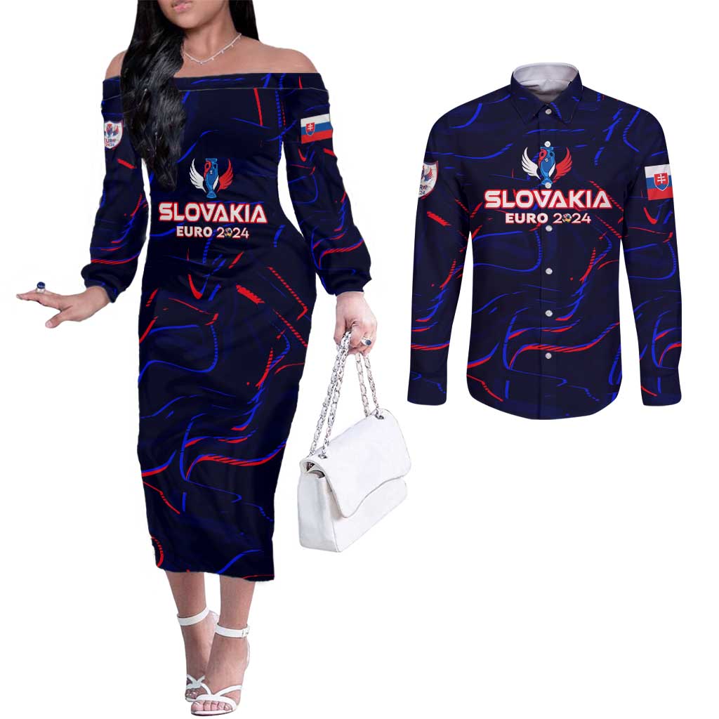 Personalized Slovakia Football 2024 Couples Matching Off The Shoulder Long Sleeve Dress and Long Sleeve Button Shirt Trophy Wing Style