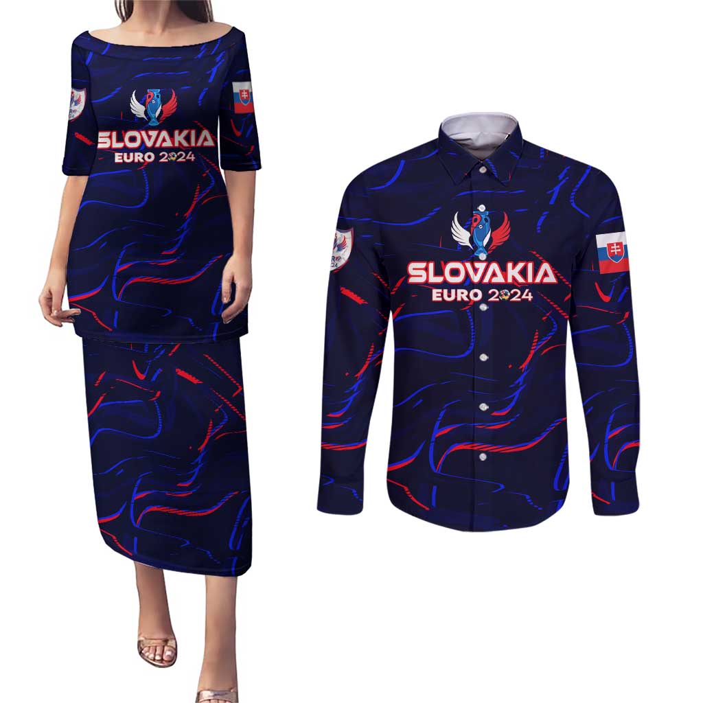 Personalized Slovakia Football 2024 Couples Matching Puletasi and Long Sleeve Button Shirt Trophy Wing Style - Wonder Print Shop