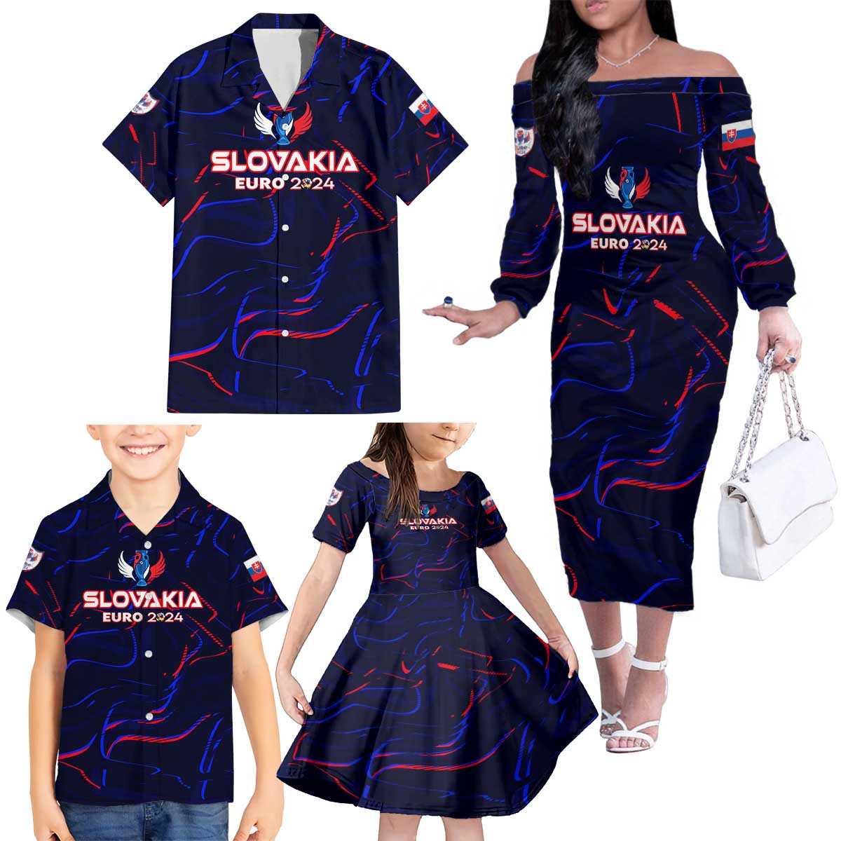 Personalized Slovakia Football 2024 Family Matching Off The Shoulder Long Sleeve Dress and Hawaiian Shirt Trophy Wing Style - Wonder Print Shop