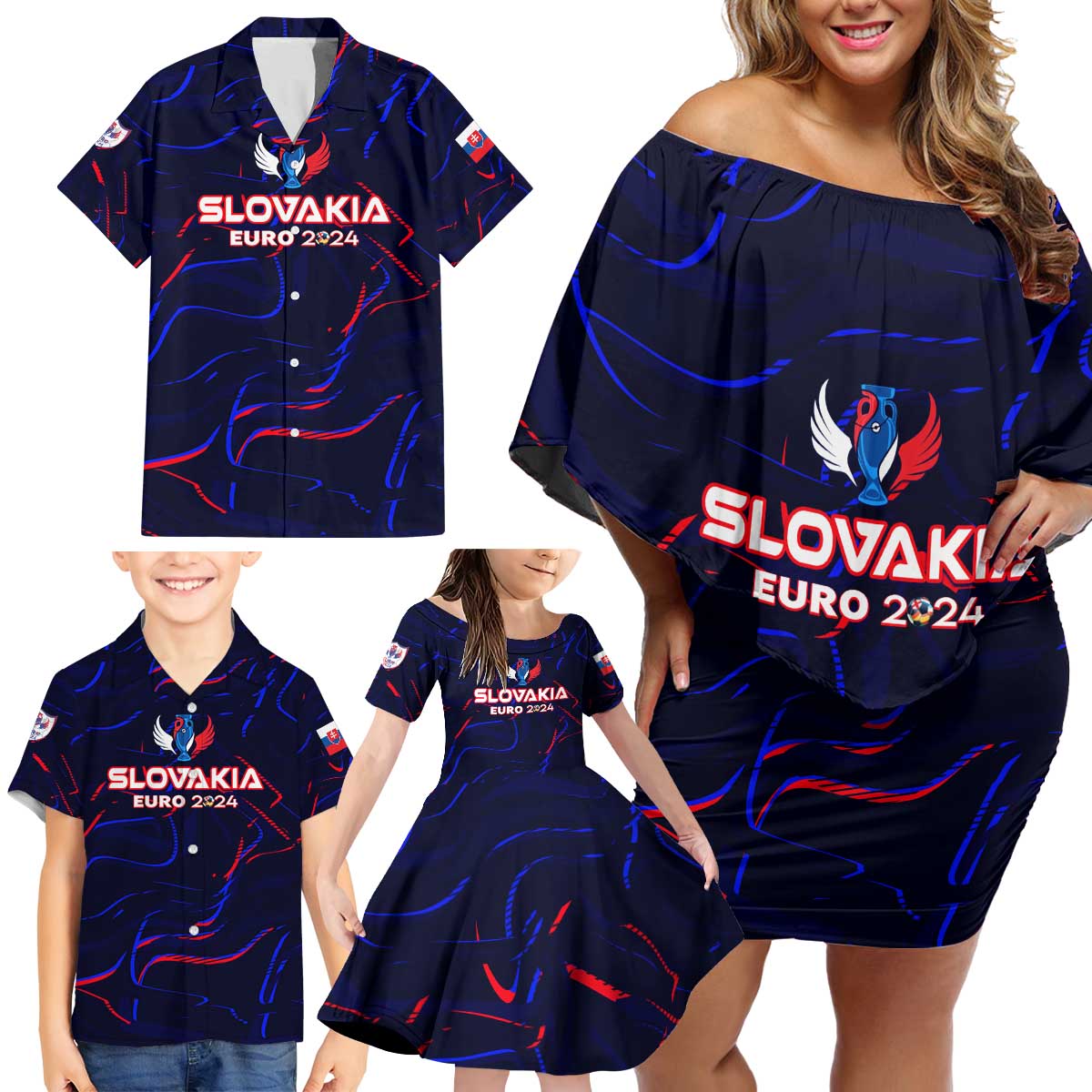 Personalized Slovakia Football 2024 Family Matching Off Shoulder Short Dress and Hawaiian Shirt Trophy Wing Style - Wonder Print Shop