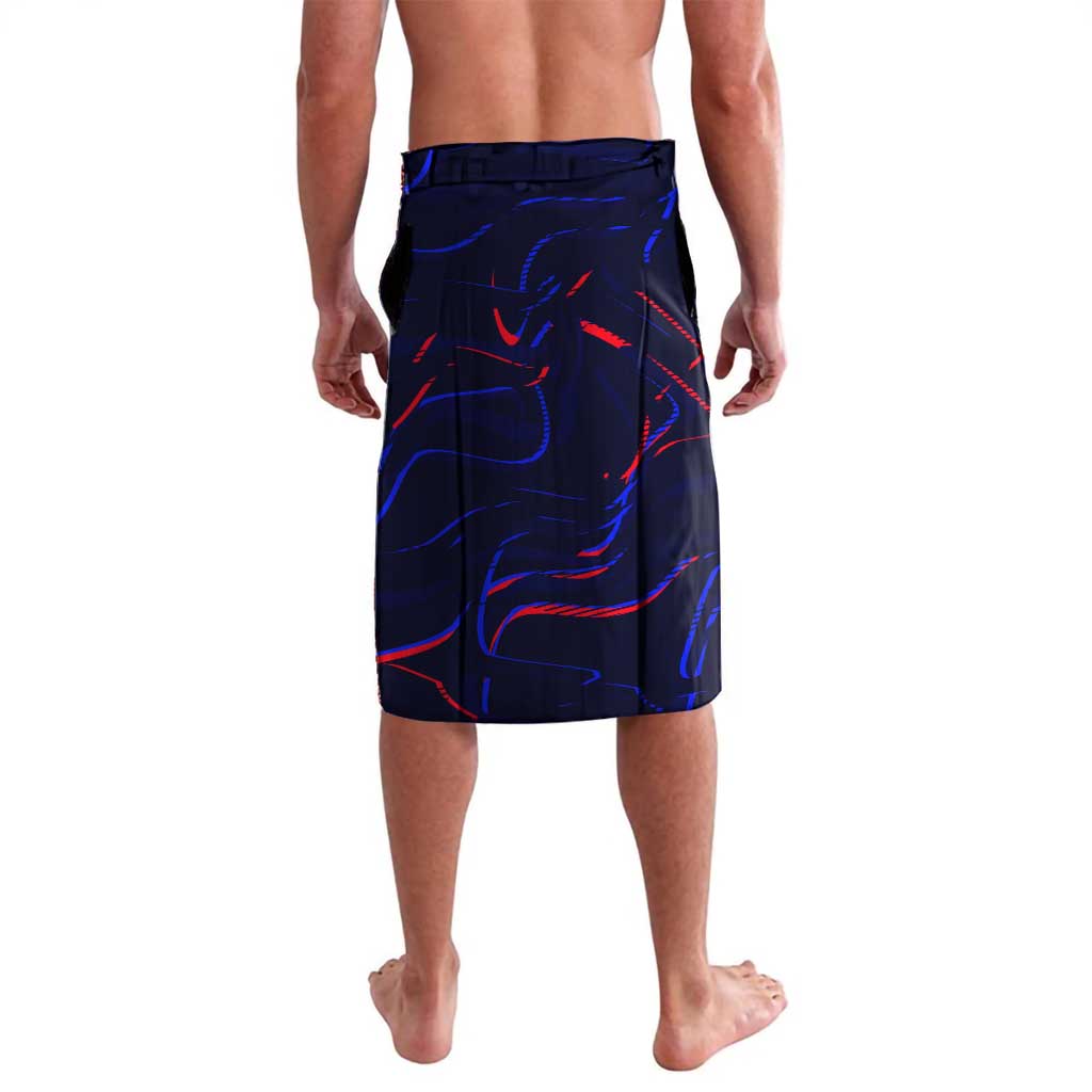Blue football lavalava with abstract red-and-blue pattern, back view