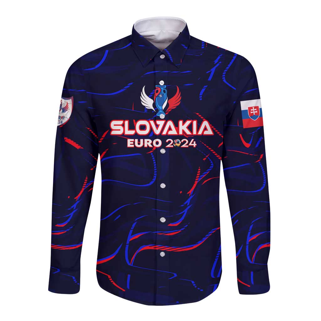 Dark blue long-sleeve button football shirt with Slovakia Euro 2024 graphic and crest