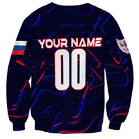 Navy blue football sweatshirt with 'YOUR NAME' and number 00, abstract red/blue pattern