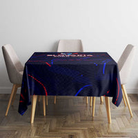 Navy-blue football tablecloth with red and blue curved design