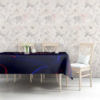 Blue football tablecloth on dining table with red and blue streak pattern