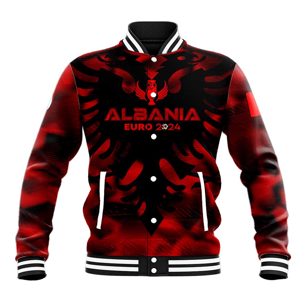 Red camo varsity baseball jacket with front button placket and 'ALBANIA EURO 2024' print