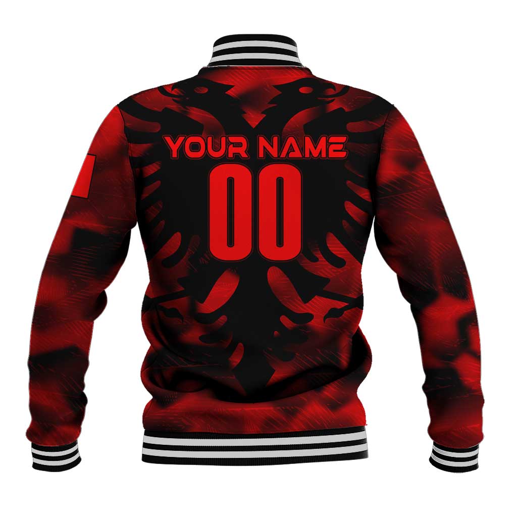Red camo baseball jacket with striped ribbed collar and 'YOUR NAME' back print