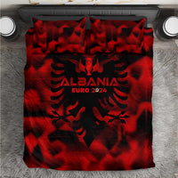 Red bedding set with Albania Euro 2024 emblem and lion crest, matching pillowcases