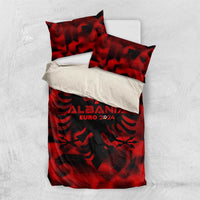 Red duvet bedding set with two pillowcases, Albania Euro 2024 emblem on dark pattern