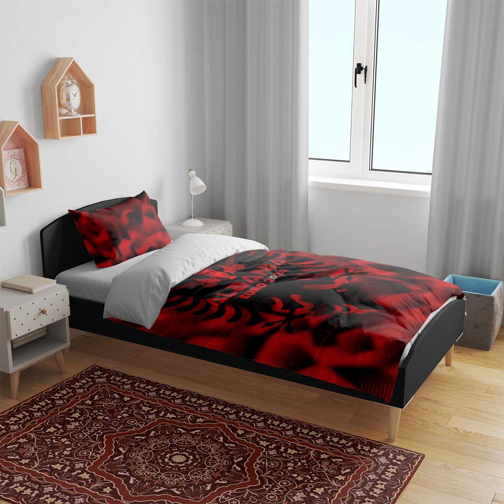 Red duvet cover with Albania Euro 2024 crest and abstract wing motif, with pillow pair