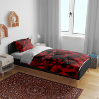 Red duvet cover with Albania Euro 2024 crest and abstract wing motif, with pillow pair