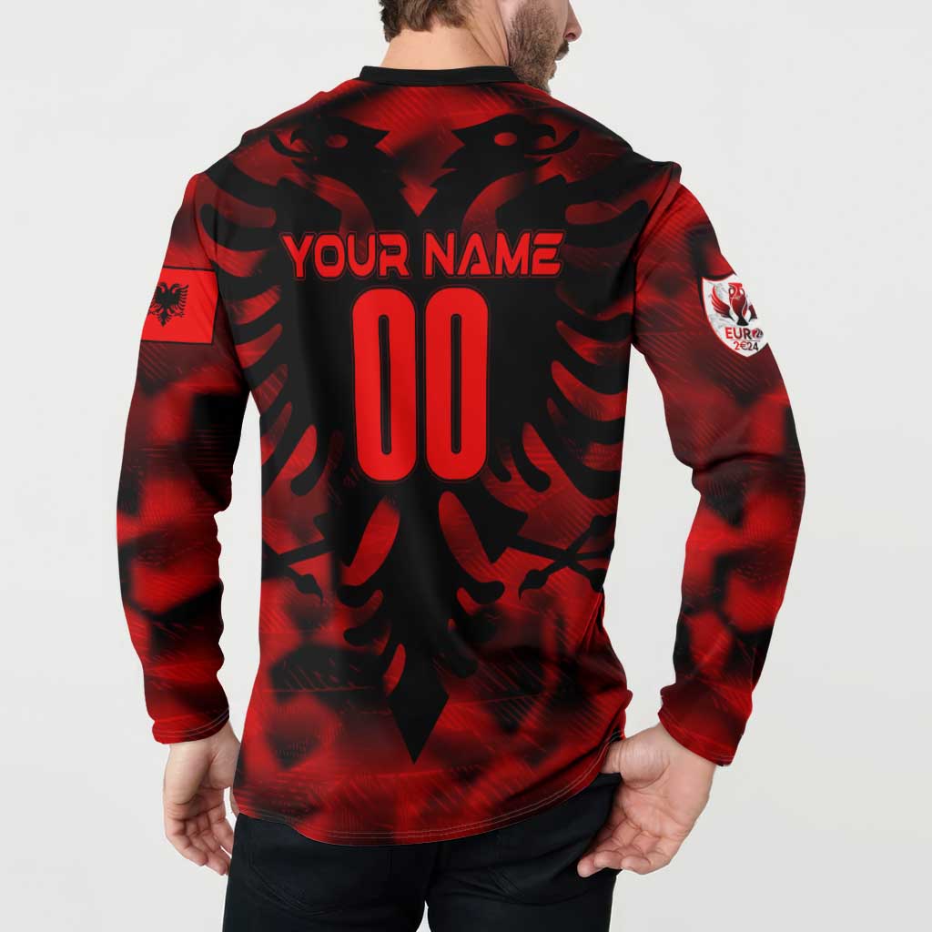 Red and black football sweatshirt back on model, 'YOUR NAME' and '00', Euro patch