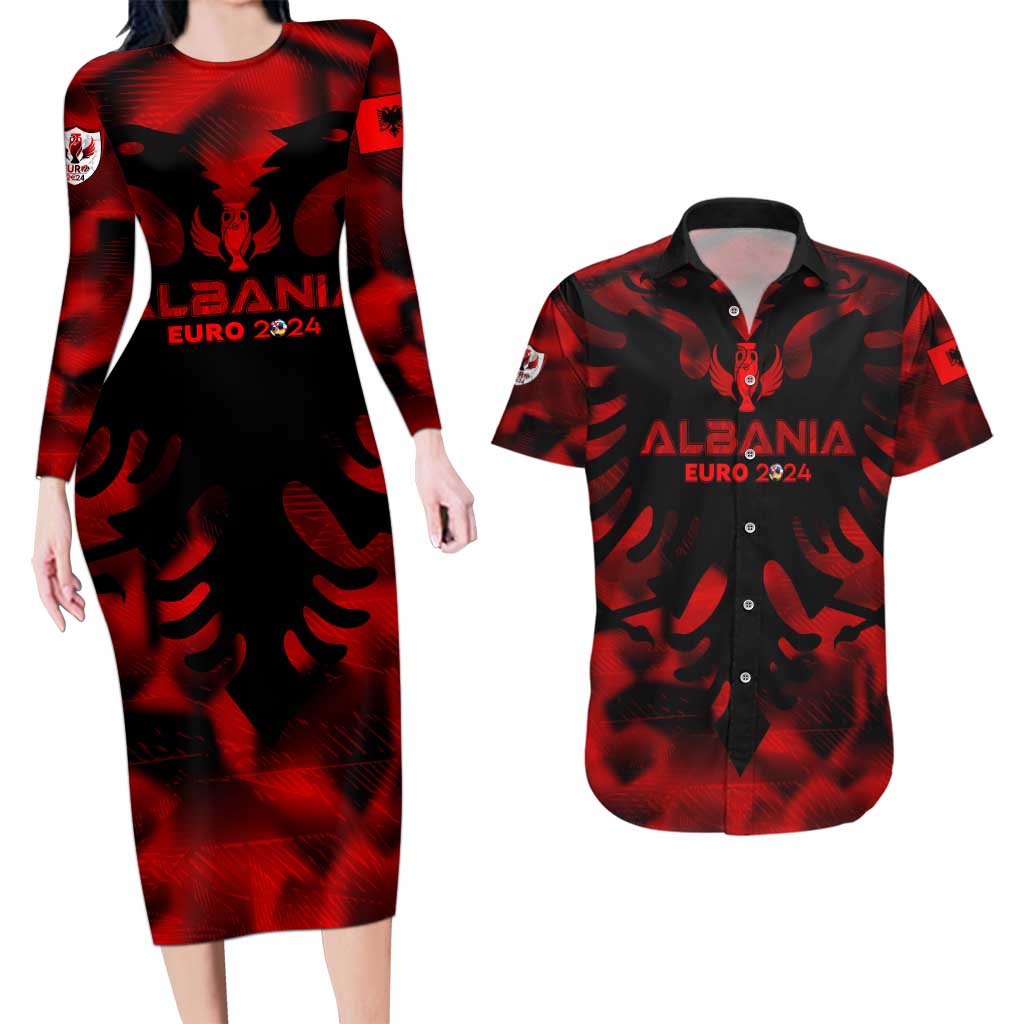 Personalized Albania Football 2024 Couples Matching Long Sleeve Bodycon Dress and Hawaiian Shirt Trophy Wing Style - Wonder Print Shop