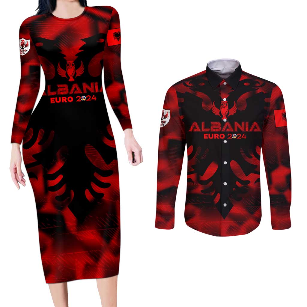 Personalized Albania Football 2024 Couples Matching Long Sleeve Bodycon Dress and Long Sleeve Button Shirt Trophy Wing Style - Wonder Print Shop