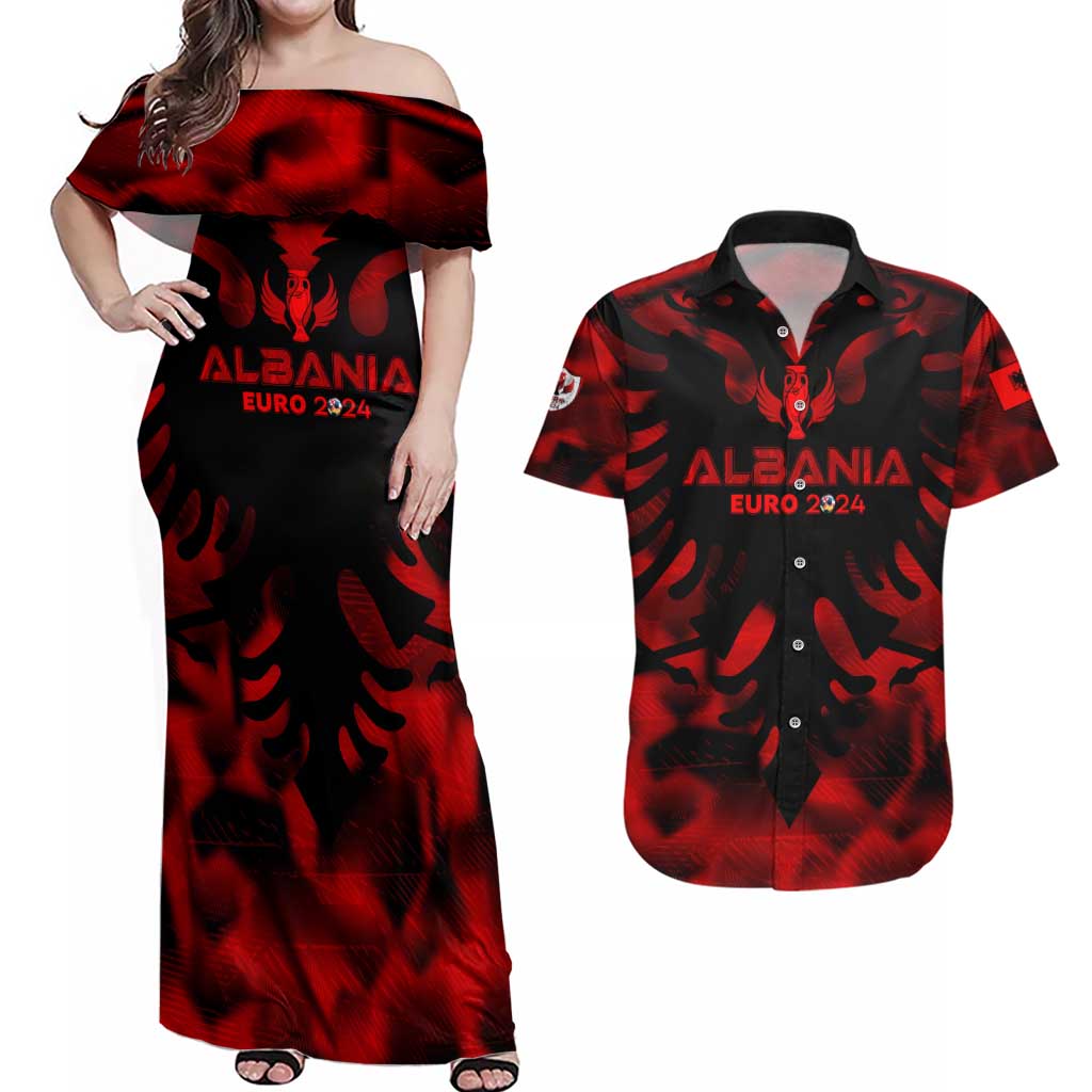 Personalized Albania Football 2024 Couples Matching Off Shoulder Maxi Dress and Hawaiian Shirt Trophy Wing Style - Wonder Print Shop