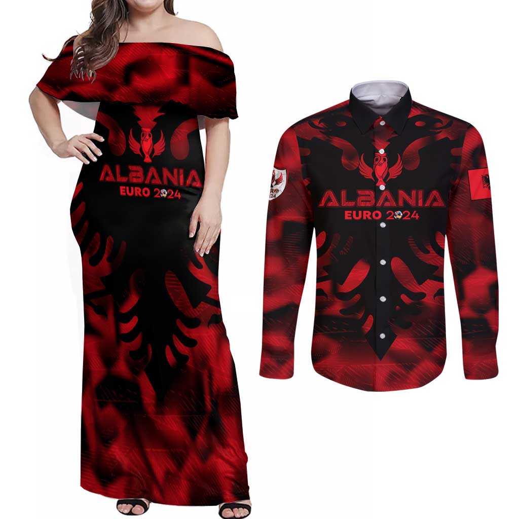 Personalized Albania Football 2024 Couples Matching Off Shoulder Maxi Dress and Long Sleeve Button Shirt Trophy Wing Style - Wonder Print Shop