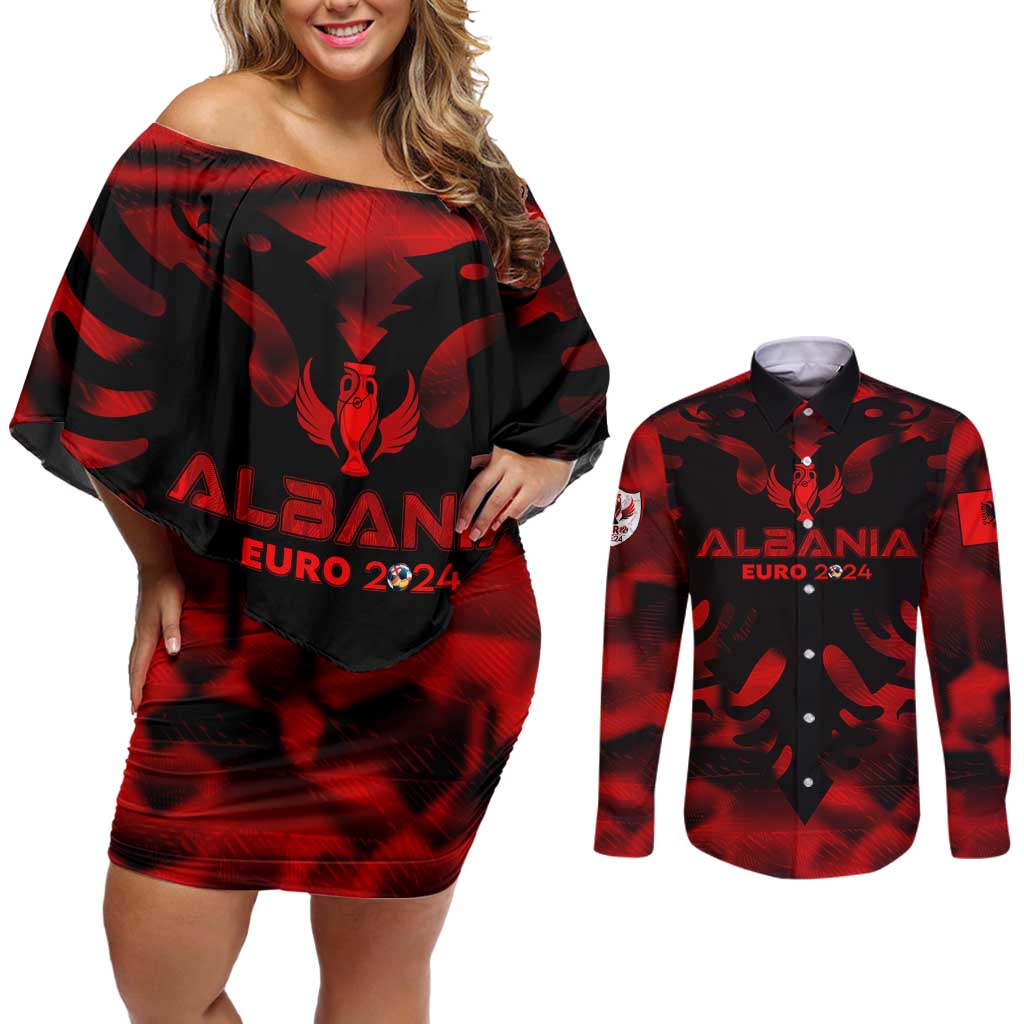 Personalized Albania Football 2024 Couples Matching Off Shoulder Short Dress and Long Sleeve Button Shirt Trophy Wing Style - Wonder Print Shop