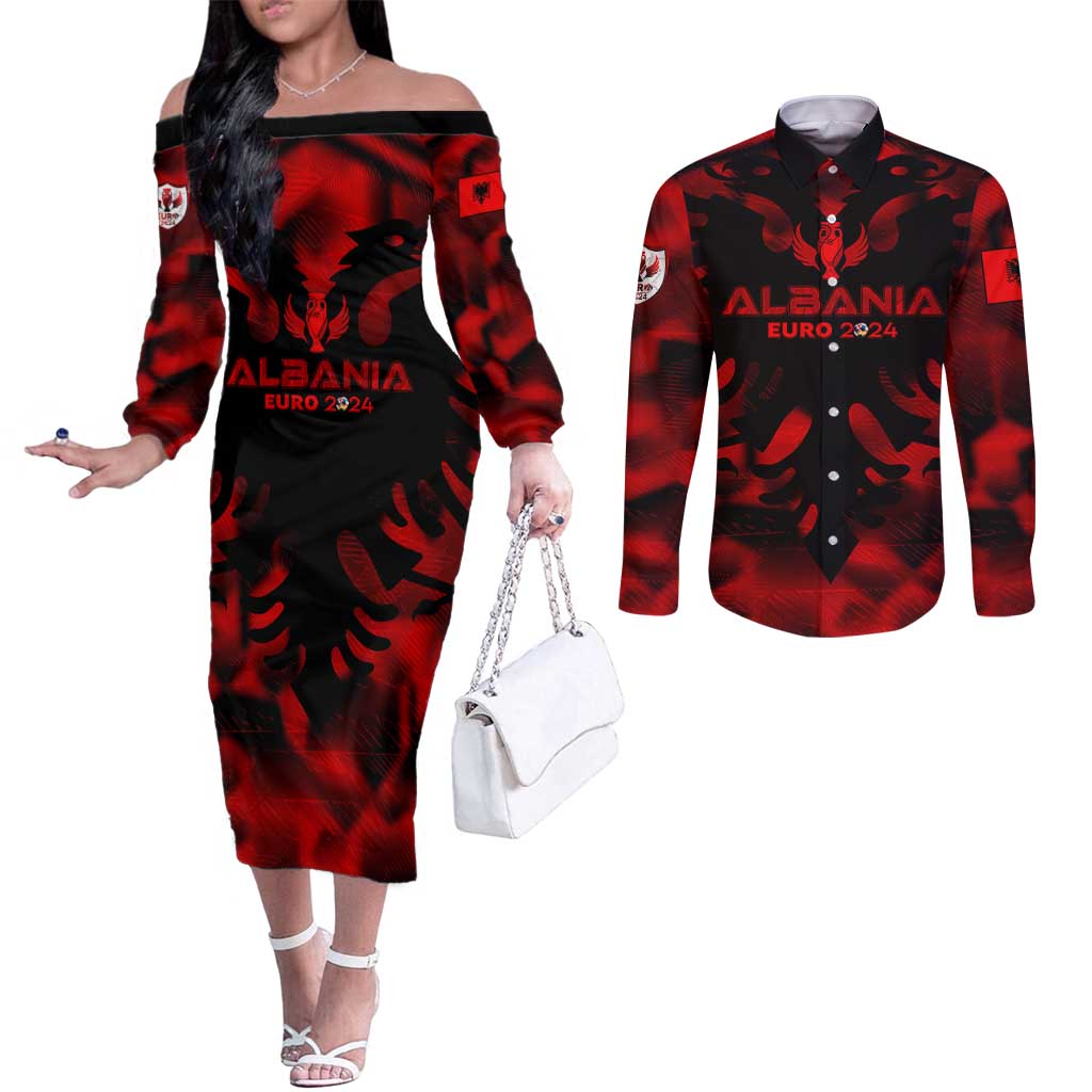 Personalized Albania Football 2024 Couples Matching Off The Shoulder Long Sleeve Dress and Long Sleeve Button Shirt Trophy Wing Style