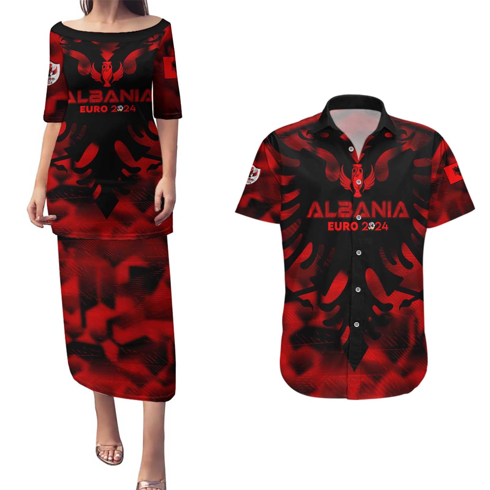 Personalized Albania Football 2024 Couples Matching Puletasi and Hawaiian Shirt Trophy Wing Style - Wonder Print Shop