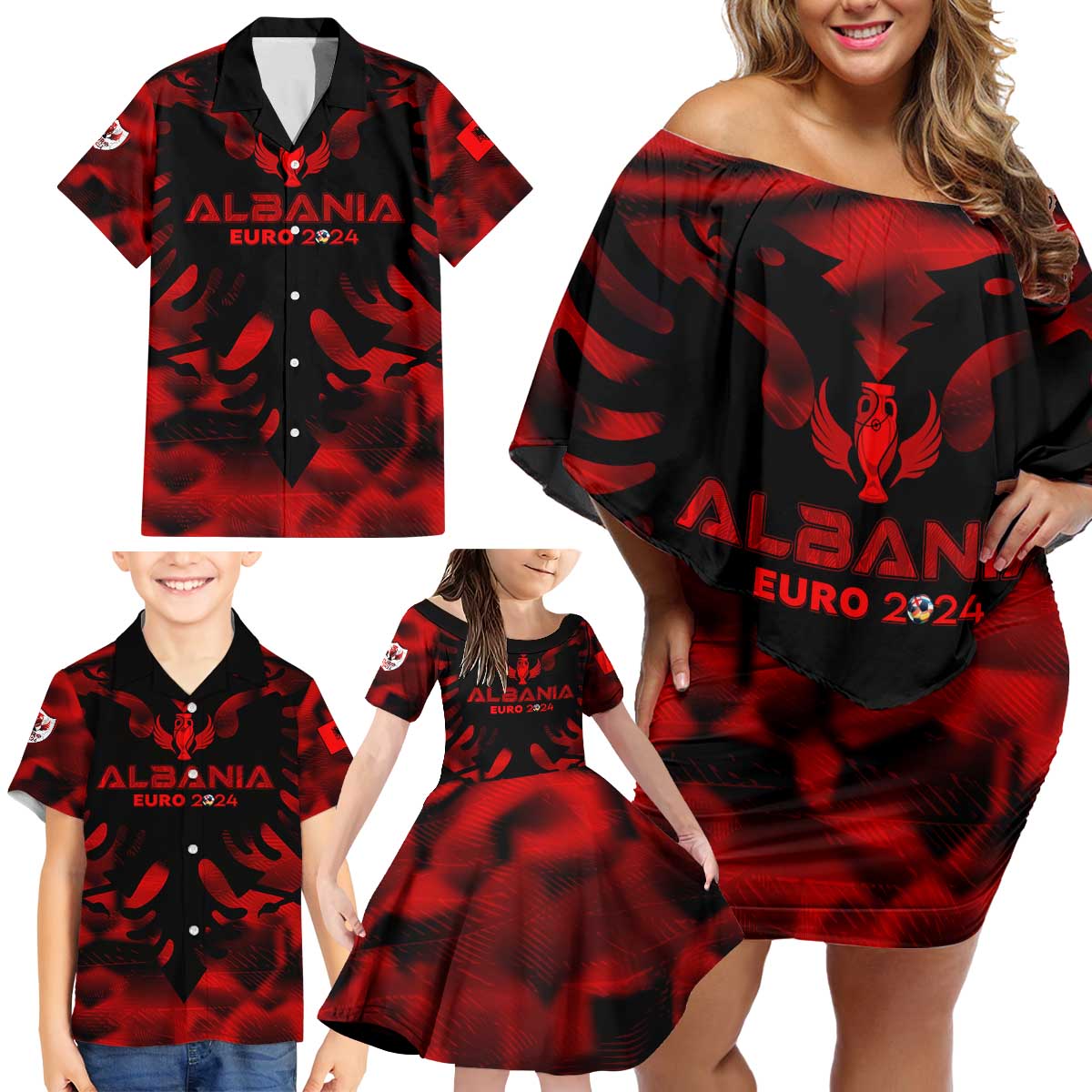 Personalized Albania Football 2024 Family Matching Off Shoulder Short Dress and Hawaiian Shirt Trophy Wing Style - Wonder Print Shop