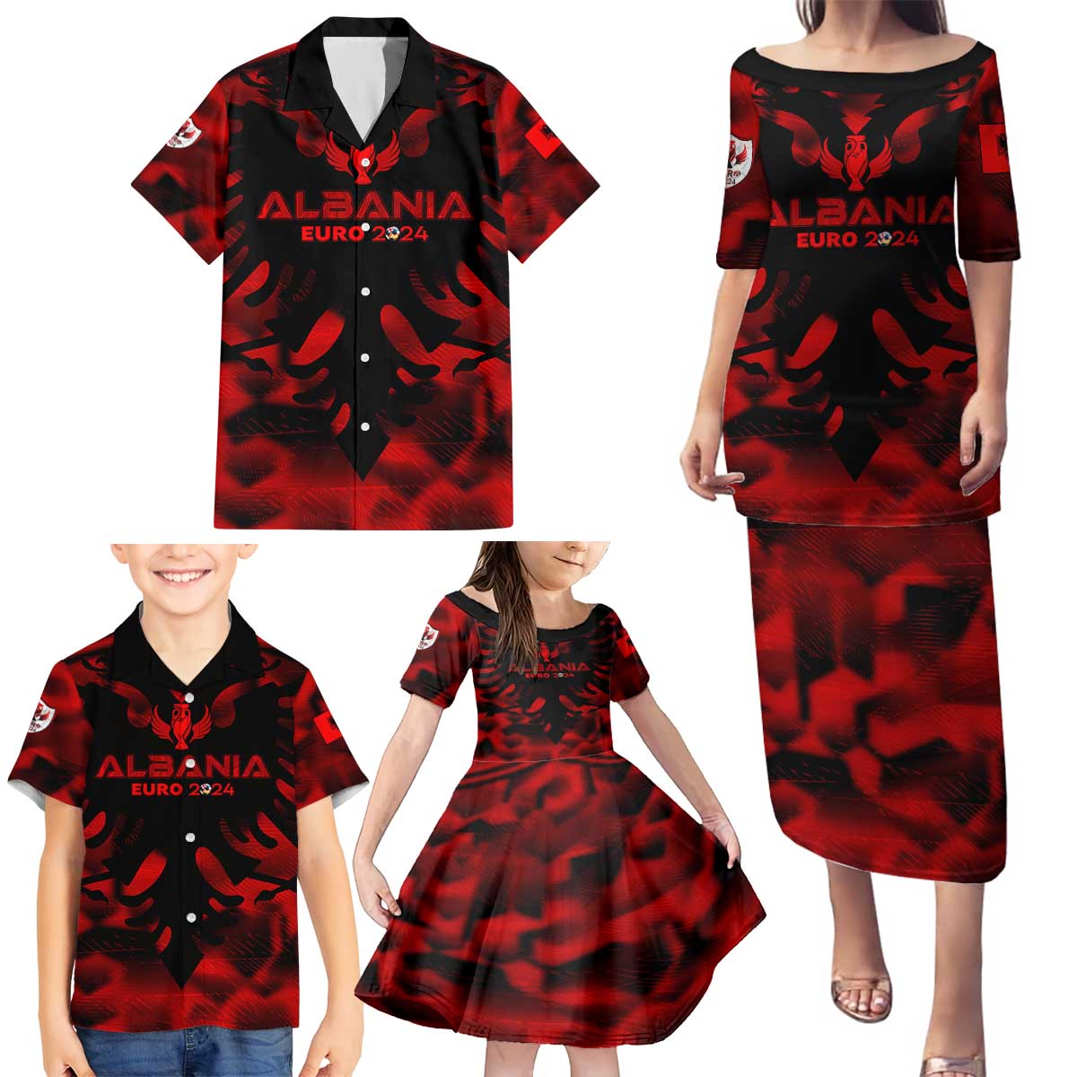 Personalized Albania Football 2024 Family Matching Puletasi and Hawaiian Shirt Trophy Wing Style - Wonder Print Shop