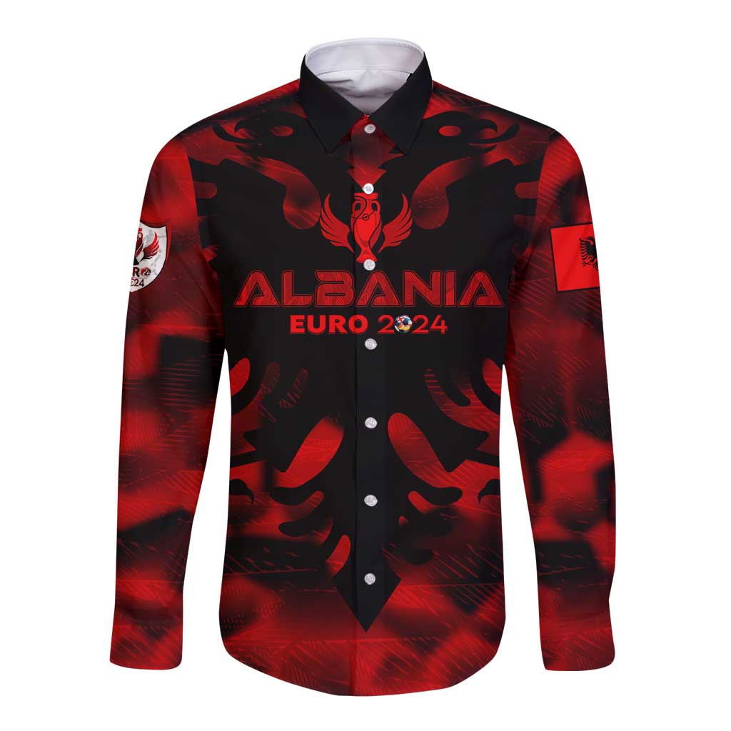 Personalized long sleeve football button shirt, red and black graphic, Albania Euro 2024
