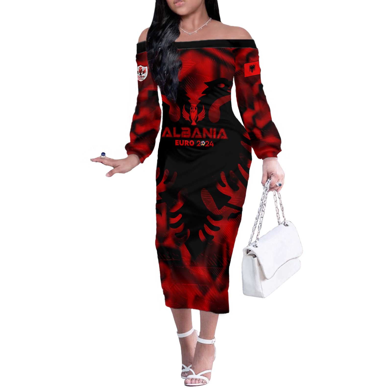 Personalized Albania Football 2024 Off The Shoulder Long Sleeve Dress Trophy Wing Style - Wonder Print Shop