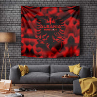 Red hanging wall tapestry with black Albanian eagle emblem and "EURO 2024"