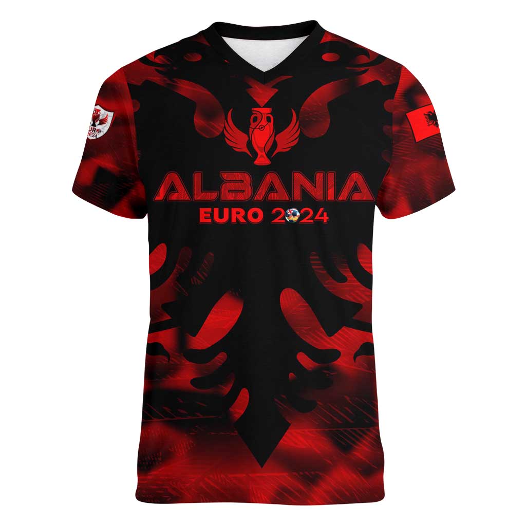 Personalized Albania Football 2024 Women V-Neck T-Shirt Trophy Wing Style - Wonder Print Shop